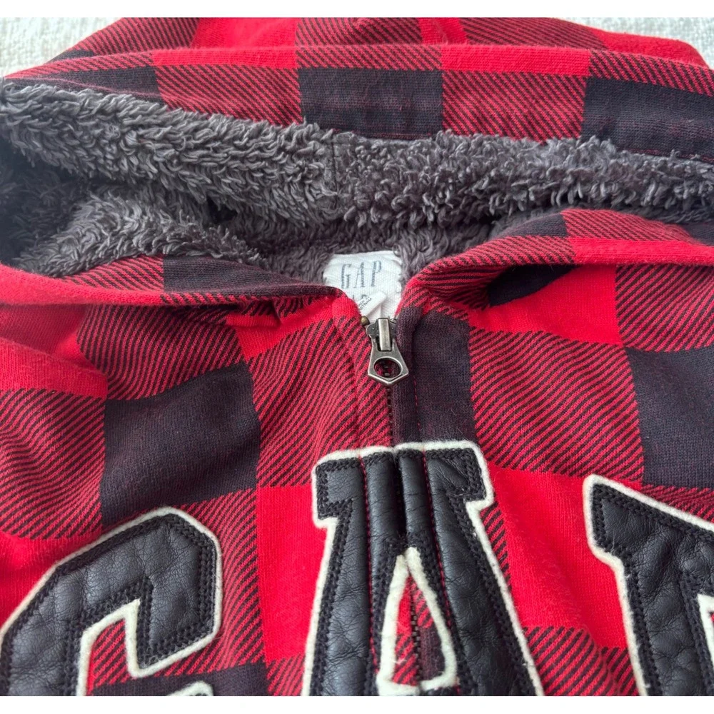 Gap Kids Boys Red Black Buffalo Plaid Sherpa Lined Full Zip Hoodie Size M 8